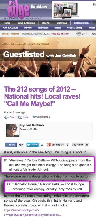 Parlour Bells Takes Two Spots on Best of 2012